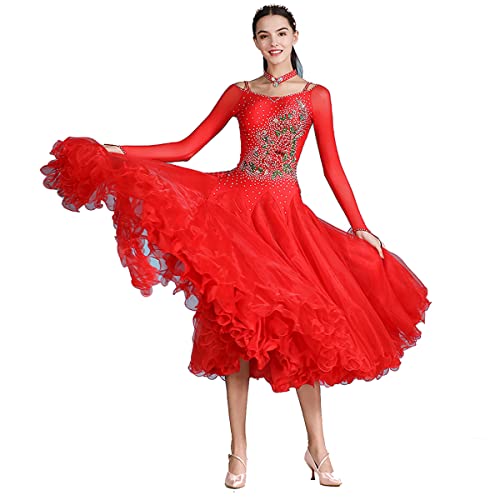 Modernes Elegante Tanzkleid Ballsaal-Spitzenkleid Plissee Großem Swingrock Walzer-Tanz-Kleider Langarm, Nationaler Standard-Tanztraining Leistungs-Kostüm (Red,S) von Tandada