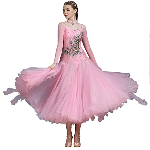 Modernes Elegante Tanzkleid Ballsaal-Spitzenkleid Plissee Großem Swingrock Walzer-Tanz-Kleider Langarm, Nationaler Standard-Tanztraining Leistungs-Kostüm (pink,L) von Tandada