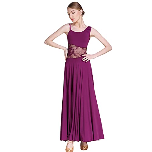 Modernes Elegante Tanzkleid Frauen Ärmellos Spitzenkleid National Standard Ballsaal Kostüme Standardtanzkostüm Competition Performance Dance Kleid Großem Swingrock (M,Purple) von Tandada