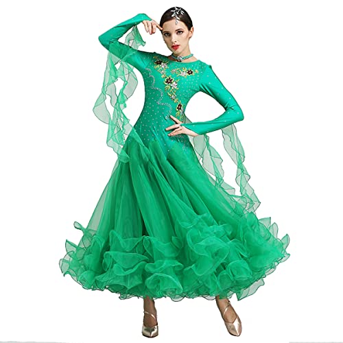 Modernes Elegante Tanzkleid Gesellschaftstanz Performance Kleid Moderne Rock Walzer Tanzkleider Langarm Spitze National Standard Dance Training Costume Großem Swingrock (Green,XXL) von Tandada