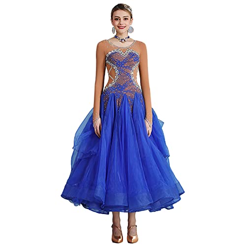 Modernes Elegante Tanzkleid Walzer Ballsaal Tanzen Praxis Kostüm Gesellschaftstanz Große Schaukel Kleid Langarm Performance Tanzkostüm Netz Tolle Tüllschaukel (Blue,S) von Tandada