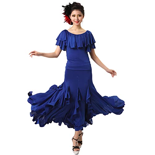 Modernes Elegante Tanzkleid Walzer Ballsaal Tanzen Praxis Kostüm Großem Swingrock Damen Kleid Anzug Rüschen Kurzarm Professioneller Wettbewerb Dehnbare Tanzkleidung (XL,Blue) von Tandada