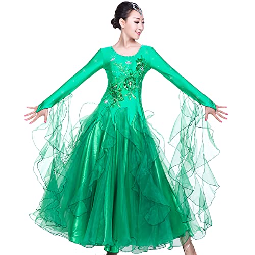 Modernes Elegante Tanzkleid Walzer Ballsaal Tanzen Praxis Kostüm Langarm Damen Embroidery Großem Swingrock Nationaler Standard-Tanztraining Leistungs-Kostüm (XL,Green) von Tandada