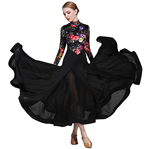 Modernes Elegante Tanzkleid Walzer Tanzkleidung for Damen Tango-Übungskleid Performance Kleider National Standard Dance Praxis Kleidung Samt Langarm Großem Swingrock (L,Black) von Tandada