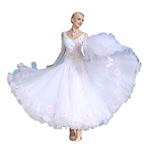 Modernes Tanzkleid Salsa National Standard Tanz Wettbewerb Anzug Langarm Organza Rock Tango Ballsaal Performance-Kostüm Walzerrock Großem Swingrock (L,White) von Tandada