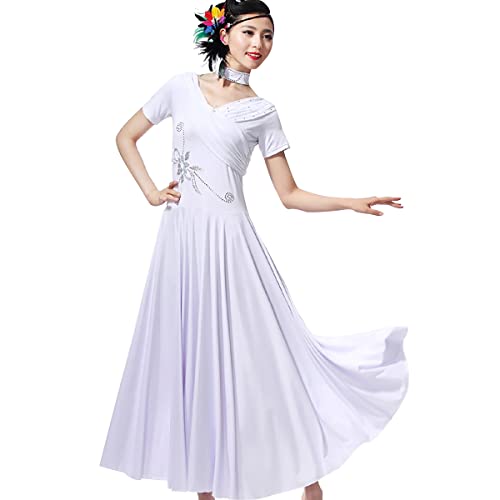 Modernes Walzer Tanzkleid Einfarbig Spitze Kurzarm Trainingsanzug für den Ballsaal Für Frauen Faltenrock Einfach V-Ausschnitt Stretchiges Foxtrot Performance Kostüm (M,White) von Tandada