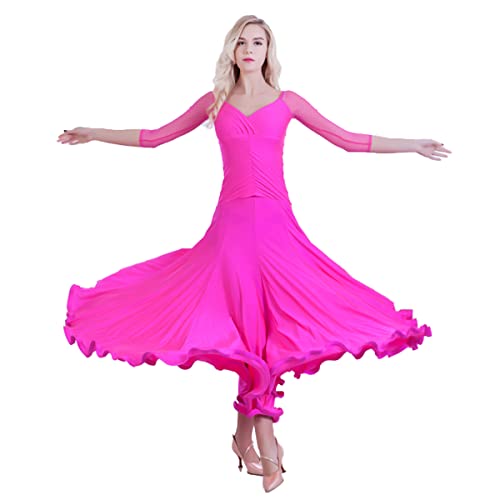 Modernes Walzer Tanzkleid Für Frauen Faltenrock Einfach V-Ausschnitt Stretchiges Tango Foxtrot Performance Kostüm Einfarbig Spitze Lange Ärmel Trainingsanzug (XL,Rose red) von Tandada