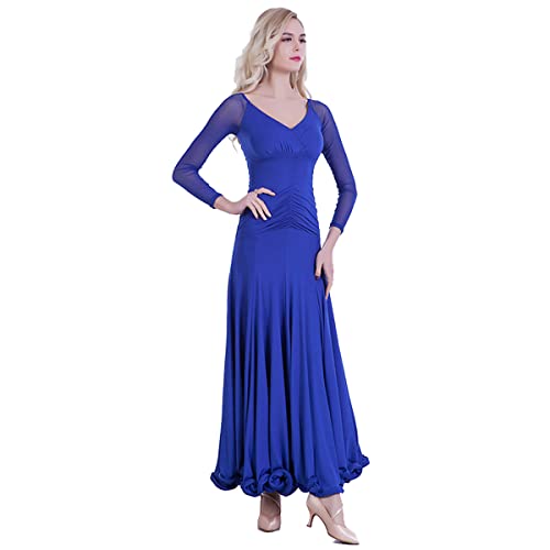 Modernes Walzer Tanzkleid Für Frauen Faltenrock Einfach V-Ausschnitt Stretchiges Tango Foxtrot Performance Kostüm Einfarbig Spitze Lange Ärmel Trainingsanzug (XXL,Blue) von Tandada