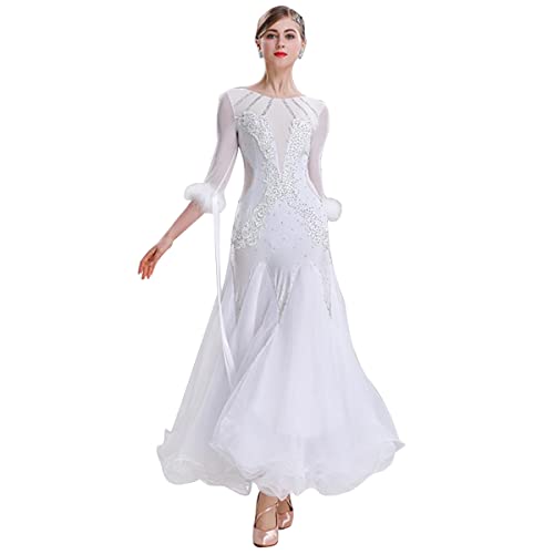 National Standard Ballsaal Kostüme Damen Embroidery Modernes Walzer Tanzkleid Für Frauen Faltenrock Einfach Stretchiges Tango Foxtrot Performance Kostüm (XL,White) von Tandada