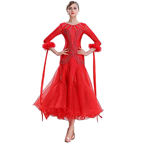 National Standard Ballsaal Kostüme Damen Embroidery Modernes Walzer Tanzkleid Für Frauen Faltenrock Einfach Stretchiges Tango Foxtrot Performance Kostüm (XL,red) von Tandada