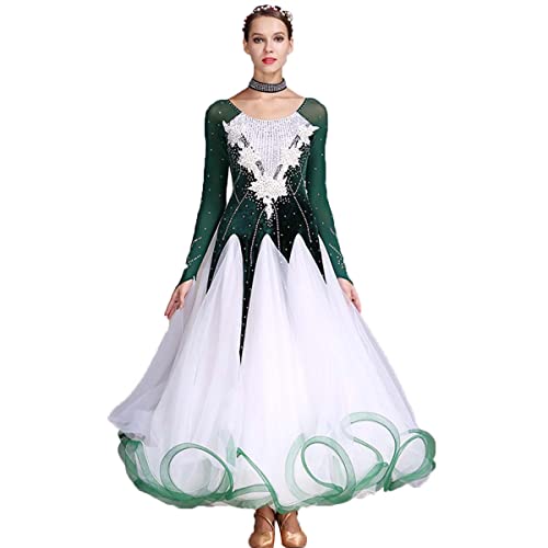 National Standard Ballsaal Kostüme Handgefertigt Mit Diamant Diamond Langarm Modernes Tanzkleid Mit Großem Swingrock (L,Green) von Tandada