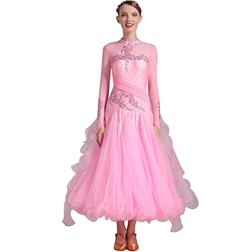 National Standard Ballsaal Kostüme Handgefertigt Mit Diamant Diamond Langarm Modernes Tanzkleid Mit Großem Swingrock (L,pink) von Tandada