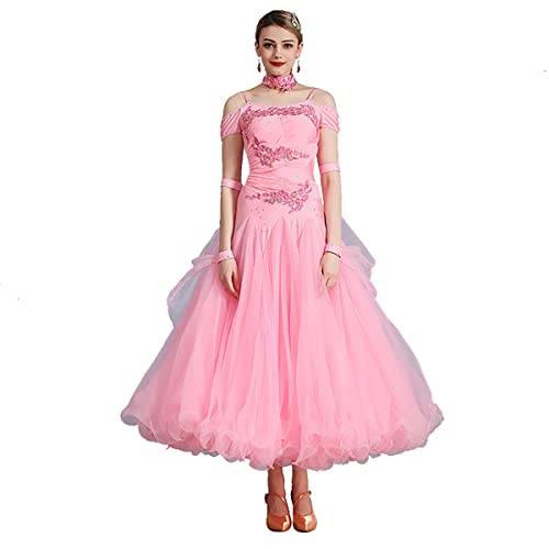 National Standard Ballsaal Kostüme Handgefertigt Mit Diamant ärmellos Modernes Tanzkleid Mit Großem Swingrock Walzer Gesellschaftstanz Große Schaukel (L,pink) von Tandada