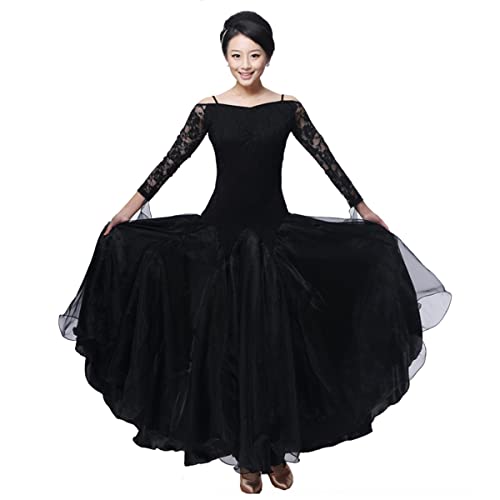 National Standard Ballsaal Kostüme Spitzen Lange Ärmel V-Ausschnitt Frauen Performance Kleider Modernes Elegante Tanzkleid Walzer Standardtraining Tanzkleidung (Black,XXL) von Tandada