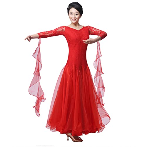 National Standard Ballsaal Kostüme Spitzen Lange Ärmel V-Ausschnitt Frauen Performance Kleider Modernes Elegante Tanzkleid Walzer Standardtraining Tanzkleidung (red,L) von Tandada