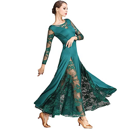 National Standard Ballsaal Tanzen Leistungskostüm Langarm Spitzenkleid Walzerrock Modernes Elegante Tanzkleid für Latin Cha Cha Rumba Samba Tango Großem Swingrock (Green,L) von Tandada