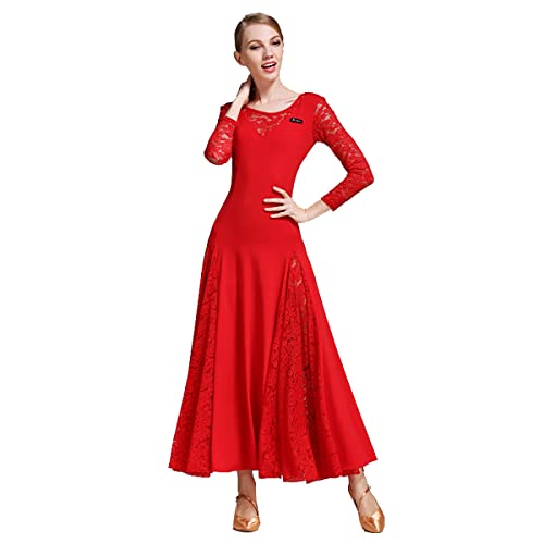 National Standard Ballsaal Tanzen Leistungskostüm Langarm Spitzenkleid Walzerrock Modernes Elegante Tanzkleid für Latin Cha Cha Rumba Samba Tango Großem Swingrock (Red,S) von Tandada