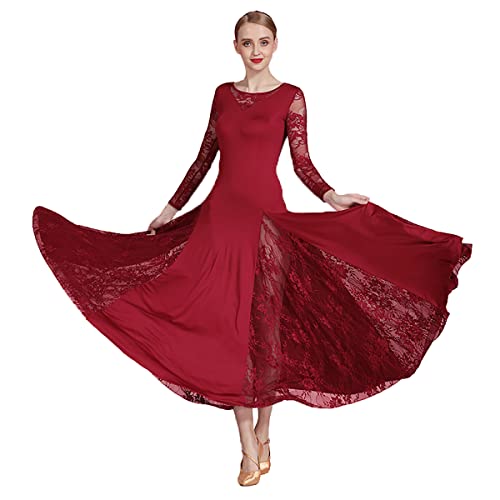 National Standard Ballsaal Tanzen Leistungskostüm Langarm Spitzenkleid Walzerrock Modernes Elegante Tanzkleid für Latin Cha Cha Rumba Samba Tango Großem Swingrock (Wine red,S) von Tandada