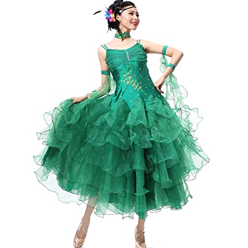 National Standard Dance Costume Damen Lyrical Dance Kostüme Neckholder Schulter Modernes Elegante Tanzkleid Mesh Flowy Big Swing Rock Ballsaal Leistung Tanzkleider (L,Green) von Tandada