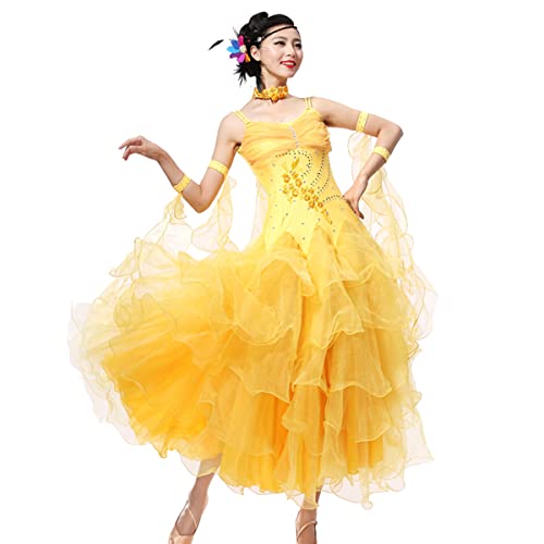 National Standard Dance Costume Damen Lyrical Dance Kostüme Neckholder Schulter Modernes Elegante Tanzkleid Mesh Flowy Big Swing Rock Ballsaal Leistung Tanzkleider (M,Yellow) von Tandada