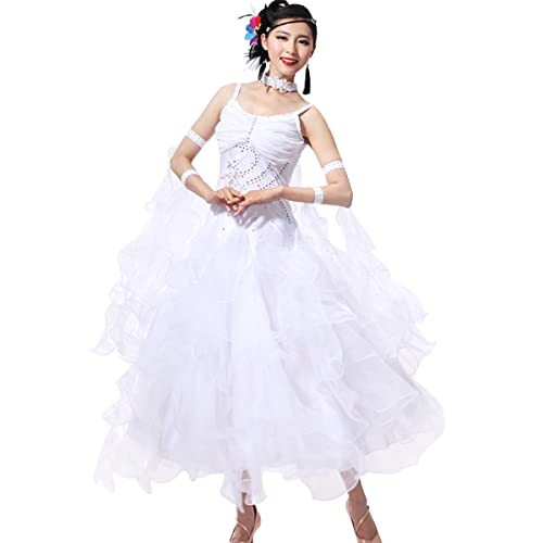 National Standard Dance Costume Damen Lyrical Dance Kostüme Neckholder Schulter Modernes Elegante Tanzkleid Mesh Flowy Big Swing Rock Ballsaal Leistung Tanzkleider (S,White) von Tandada