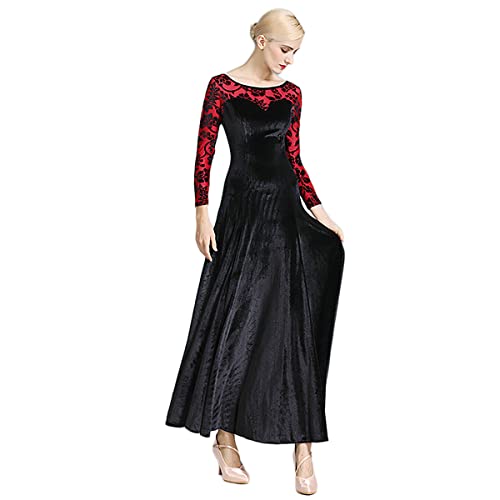 Walzer Ballsaal Tanzen Praxis Kostüm for Damen Tango-Übungskleid Modernes Elegante Tanzkleid Performance Kleider Samt Langarm National Standard Praxis Kleidung (L,Red) von Tandada