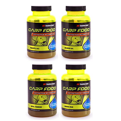 Tandem Baits 4-er Set Carp Food Attract Booster Flavour Mix Fruit Master | Karpfen Angeln ohne Mühe | Köder zum Große-Fische-Angeln | Karpfenzubehör für Profis & Hobby-Angler 300 ml von Tandem Baits