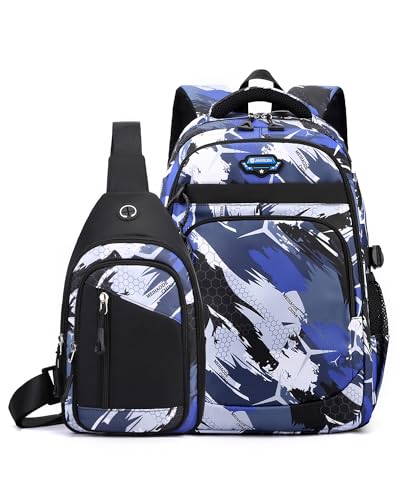 Tanou Schulrucksack Jungen Teenager Set, Große Lässiger Schultasche für Junge 5-12. Klasse, Wasserdichter Nylon Daypack Rucksack Jungen für Schule und Reisen, Blauer Tarnung Tanou Schulrucksack Jungen Teenager Set, Große Lässiger Schultasche für Junge 5-12. Klasse, Wasserdichter Nylon Daypack Rucksack Jungen für Schule und Reisen, Blauer Tarnung von Tanou