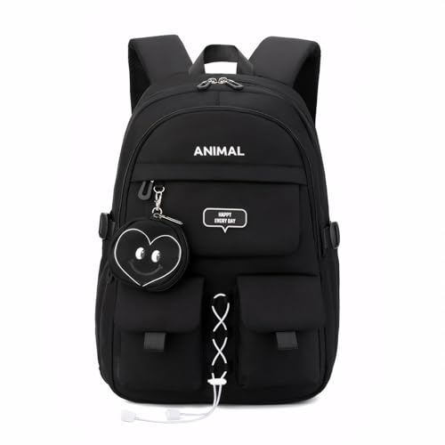 Tanou Schultasche Mädchen Rucksack Schule Kinder, Leichter Nylon Schulrucksack für Mädchen der 1. bis 5. Klasse, Großer Schulranzen Kinder für Grundschule mit Mini Münztasche, Schwarz von Tanou