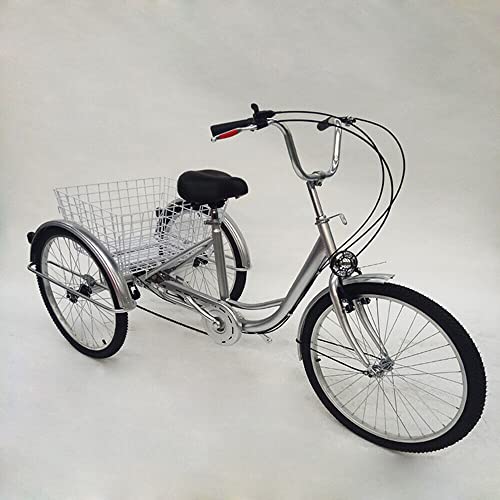 Taozhiyy 24" Dreirad für Erwachsene Silber Tricycle Cityräder, 3 Räder 6 Speed Adult Bike mit Einkaufskorb und Lichtern, Leichtgewicht geeignet für Einkauf und Reisen von Taozhiyy