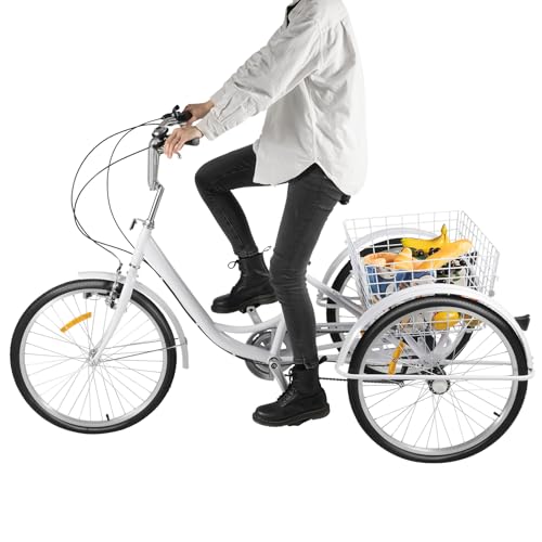Taozhiyy 24" Dreirad für Erwachsene Weiß Tricycle Cityräder, 3 Räder 6 Speed Adult Bike mit Einkaufskorb und Lichtern, Leichtgewicht geeignet für Einkauf und Reisen von Taozhiyy