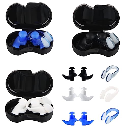 Taozoey Ohrstöpsel Schwimmen mit Nasenklammer, 3 Set wasserdichte Ohrenstöpsel für Erwachsene, Silicone Earplugs Swimming mit Aufbewahrungsbox (Schwarz/Blau/Weiß) von Taozoey