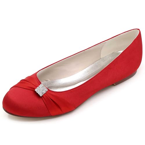 Damen Flache Schuhe rundem Vorderteil, Satin mit Strass, Slip-On, sexy und komfortable Hochzeits- und Pump-Sandalen für Braut und Party von TarfiC