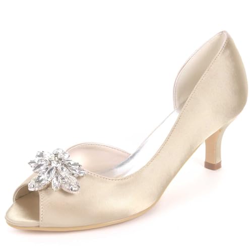 TarfiC Damen Absatzschuhe Katzenheels mit Zehen, niedriger Absatz aus Satin, mit Strass, Spitzen-Design, 6 cm Höhe, Hochzeits für Brautjungfern von TarfiC