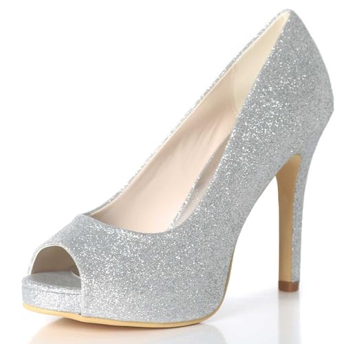 TarfiC Damen Absatzschuhe mit Frosted-Finish, offene und runde Zehen, niedrige Absätze für Abendkleider, Prom-Party, Hochzeiten und Brautkleider von TarfiC