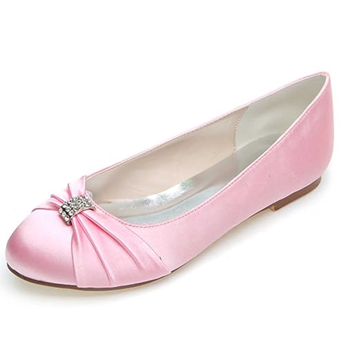 TarfiC Damen Flache Hochzeitschuhe mit rundem Vorderteil, Braut-Schuhe aus Satin mit Strass, Geschlossene Spitze und niedrigen Absatz, Dress-Flats von TarfiC