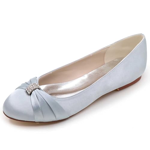 TarfiC Damen Flache Hochzeitschuhe mit rundem Vorderteil, Braut-Schuhe aus Satin mit Strass, Geschlossene Spitze und niedrigen Absatz, Dress-Flats von TarfiC