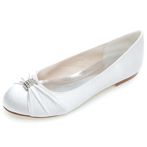 TarfiC Damen Flache Hochzeitschuhe mit rundem Vorderteil, Braut-Schuhe aus Satin mit Strass, Geschlossene Spitze und niedrigen Absatz, Dress-Flats von TarfiC