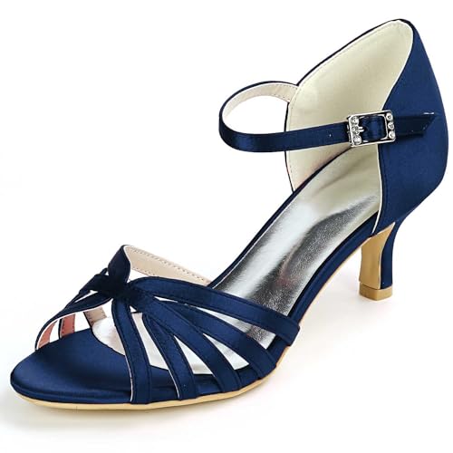 TarfiC Damen Pumps mit rundem Zehenbereich, Knöchelriemen, Schnalle, Schuhe, Hochzeit, Satin Rückseite, Kleid Sandalen von TarfiC