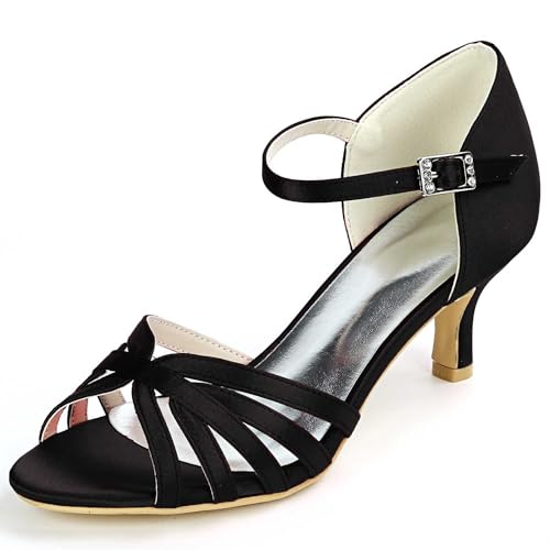 TarfiC Damen Pumps mit rundem Zehenbereich, Knöchelriemen, Schnalle, Schuhe, Hochzeit, Satin Rückseite, Kleid Sandalen von TarfiC