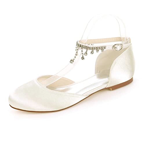 TarfiC Damen Sandalen mit Flachabsatz Rhinestones Buckle aus Satin geschlossene Zehen, niedriger Katzenheels, Hochzeits und Party Schuhe von TarfiC