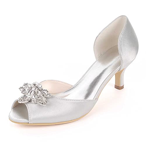 TarfiC Damen-Sandalen mit Hochabsatz Rhinestones Detail, Slip-On Stil, Zehen, aus Satin, niedriger Katzenheels, Hochzeits- und Party Schuhe von TarfiC