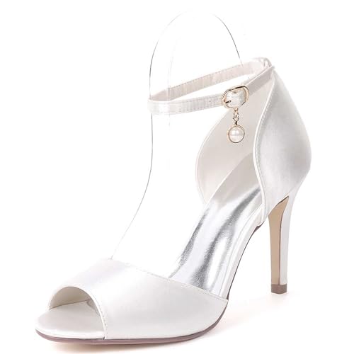 TarfiC Damen Satin-Kitten-Heel-Sandalen mit Schnalle - Elfenbein 3.54" (9cm) Hochheel für Hochzeiten, Brautfeiern, Abschlussball von TarfiC