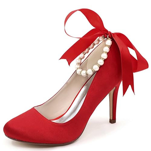 TarfiC Damen geschlossene Spitzen-Hochzeitschuhe aus Satin, Kittenheels mit rundem Vorderteil, Perlenschuhe als Pumps für Abendkleider und Proms von TarfiC