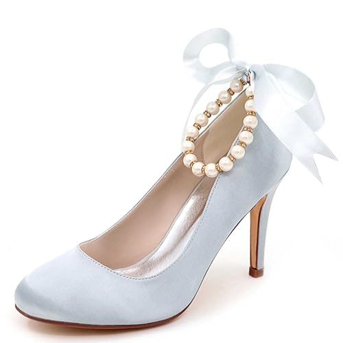 TarfiC Damen geschlossene Spitzen-Hochzeitschuhe aus Satin, Kittenheels mit rundem Vorderteil, Perlenschuhe als Pumps für Abendkleider und Proms von TarfiC