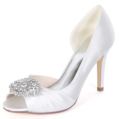 TarfiC Frauen Low Heels, Komfortable Grace Sandaletten mit Offenem Zehen, Strass Kittenheels für Kleid, Hochzeitsfeier Hochabsatz in Elfenbeinweiß von TarfiC