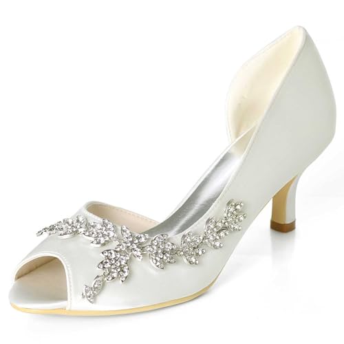 TarfiC Frauenhochabsätze mit offenem Zehen - Kitten-Heels, niedrige Absätze, Hochzeits-Dressschuhe für Frauen, 6 cm Rhinestone Hochzeitsabsätze von TarfiC