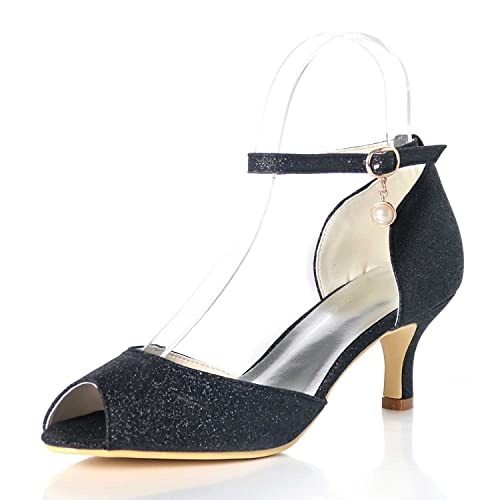 TarfiC Frauenhöhelschuhe mit offenem Zeh - Damen mit 6 cm Glitzer-Schnalle und niedrigen Kitten-Heels, Hochzeitsabsätze für Prom-Party von TarfiC