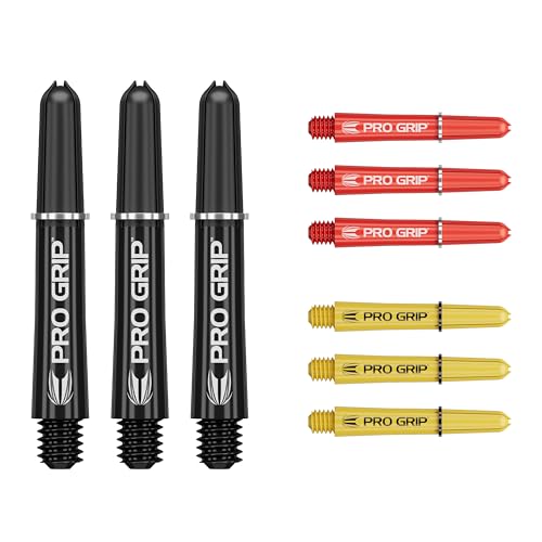 Target Darts Pro Grip Shafts - 9er Set | 3 Farben, Schwarz/Gelb/Rot | Kurz, 34mm | Dartstiele, Professionelles Dartzubehör, 2BA Shaft Multipack mit Ringen von Target Darts