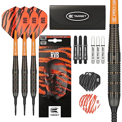 TARGET Darts Raymond Van Barneveld RVB Darts-Set, 18 g, Messing, weiche Spitze, Dartzubehör, Geschenkpaket, inklusive Dart-Barrels, Pro-Grip-Dart-Schäfte, Dart-Flights, Dartspitzen, Dart-Etui von Target Darts